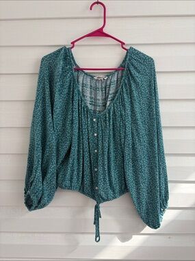 American Eagle Teal Floral Peasant Blouse L Boho Balloon Sleeve Tie Hem